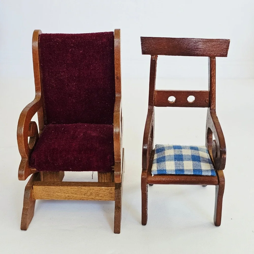 Vintage Shackman Miniature Dollhouse Furniture Fireplace and Chairs Set Wood Toy